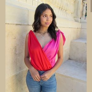 SATIN TIE BODYSUIT- PINK/RED size large